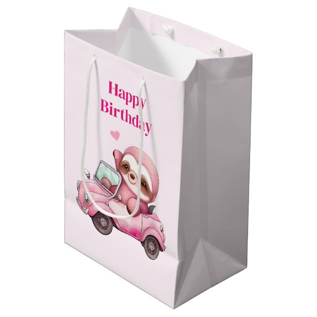 Smiling Pink Sloth Driving a Convertible Birthday Medium Gift Bag (Front Angled)