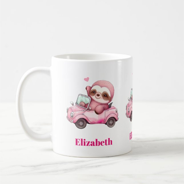 Smiling Pink Sloth Driving a Convertible Coffee Mug (Left)