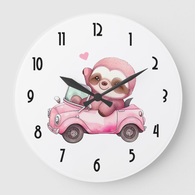 Smiling Pink Sloth Driving a Convertible Large Clock (Front)