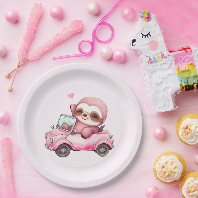 Smiling Pink Sloth Driving a Convertible Paper Plate (Party)