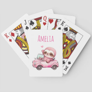 Smiling Pink Sloth Driving a Convertible Playing Cards
