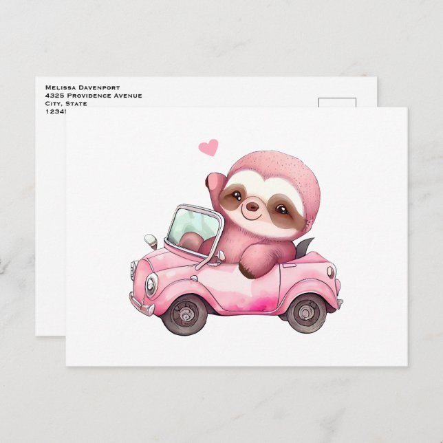 Smiling Pink Sloth Driving a Convertible Postcard (Front/Back)