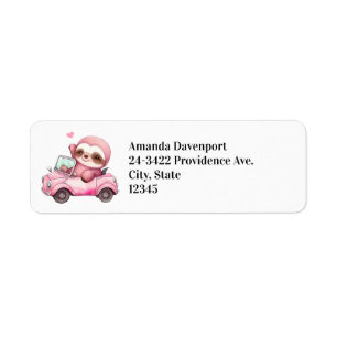 Smiling Pink Sloth Driving a Convertible Return Address Label