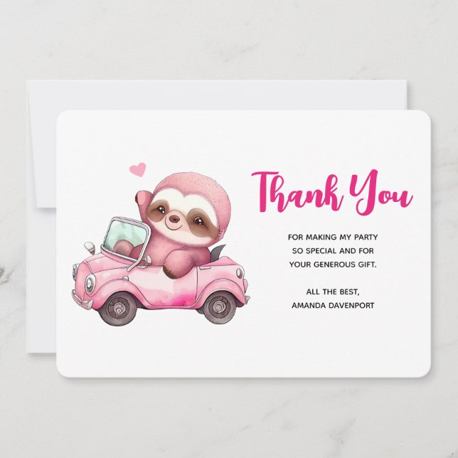 Smiling Pink Sloth Driving a Convertible Thank You Card (Front)