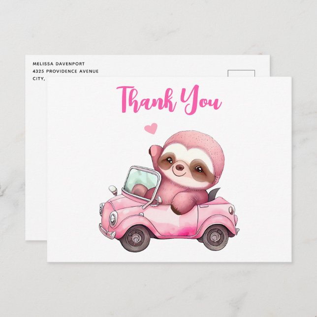 Smiling Pink Sloth Driving a Convertible Thank You Postcard (Front/Back)
