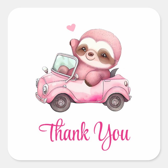 Smiling Pink Sloth Driving a Convertible Thank You Square Sticker (Front)