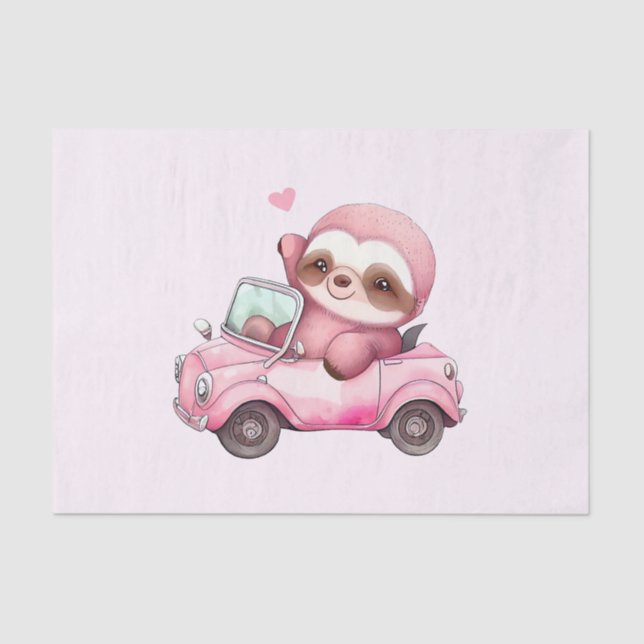 Smiling Pink Sloth Driving a Convertible Tissue Paper (Front)