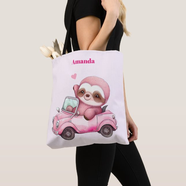 Smiling Pink Sloth Driving a Convertible Tote Bag (Close Up)
