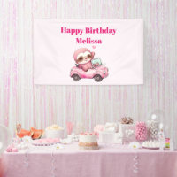 Smiling Pink Sloth in a Convertible Happy Birthday