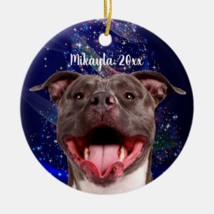 Smiling Pit Bull on Blue Christmas  Ceramic Ornament