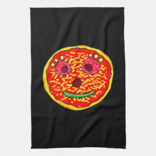 Smiling Pizza Face Illustration Design Tea Towel