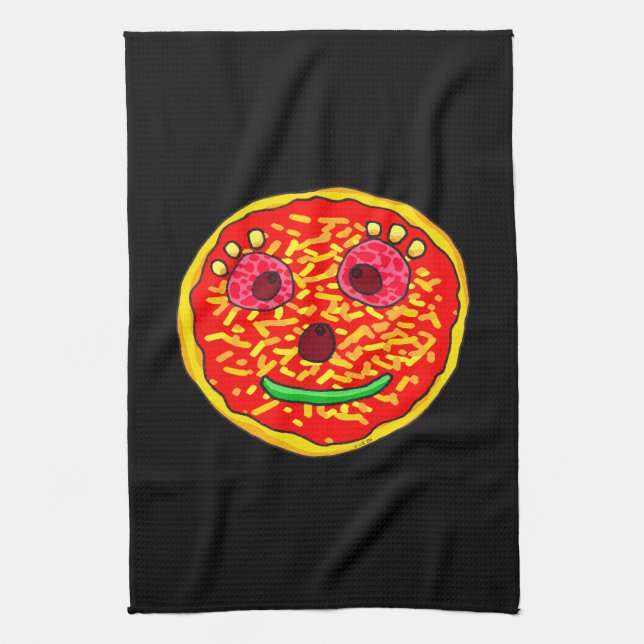 Smiling Pizza Face Illustration Design Tea Towel (Vertical)