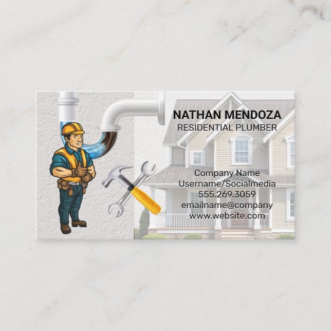 Smiling Plumber | Clogged Pipes | Wrenches  Business Card (Front)