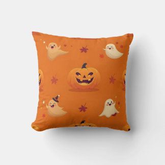 Smiling Pumpkin & Ghost Casual Pattern Pillow on B