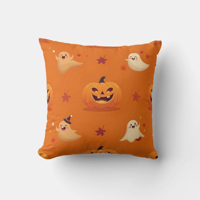 Smiling Pumpkin & Ghost Casual Pattern Pillow on B (Front)