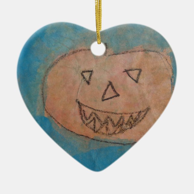 Smiling Pumpkin, Halloween Kids Art Watercolor Ceramic Ornament (Front)