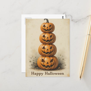 Smiling Pumpkin Stack Lighthearted Halloween Fun Postcard