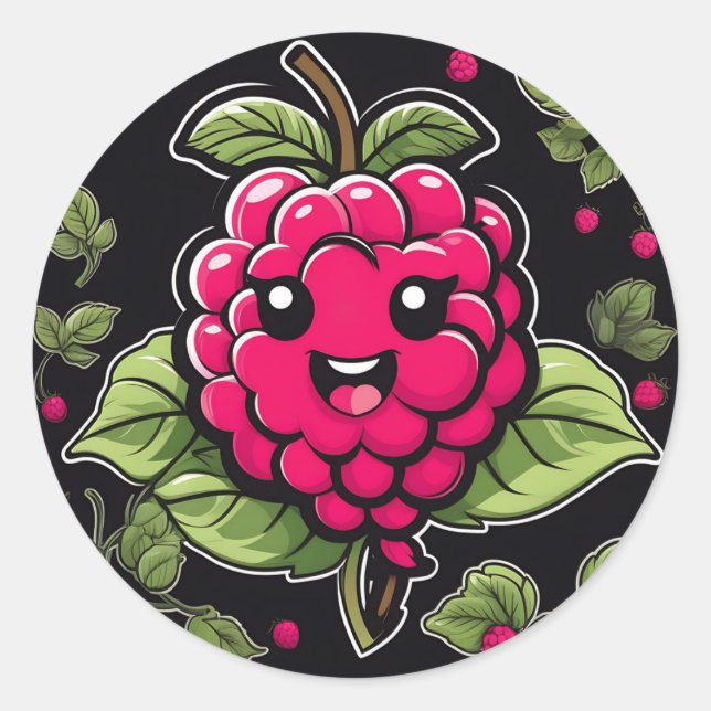 Smiling Raspberry Fruit Classic Round Sticker (Front)