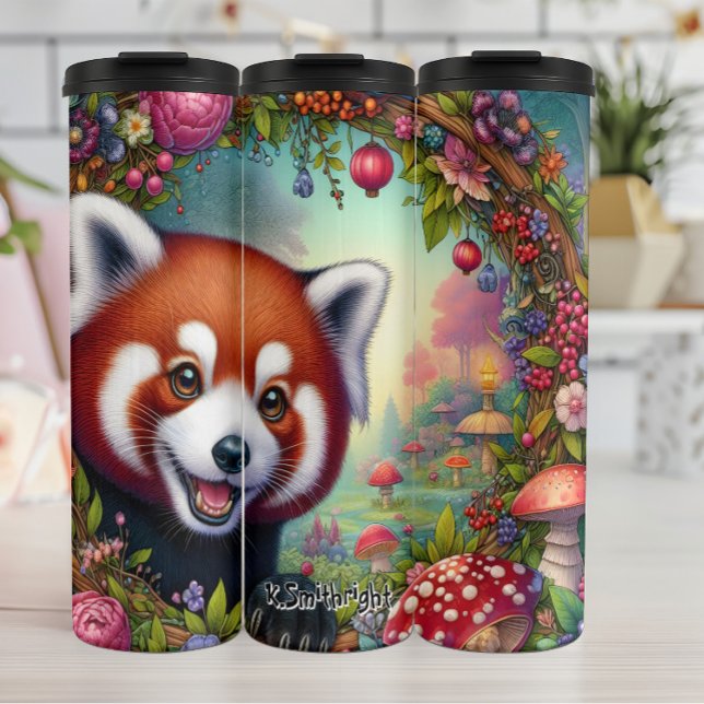 Smiling Red Panda in a Fairy Garden Thermal Tumbler (Creator Uploaded)