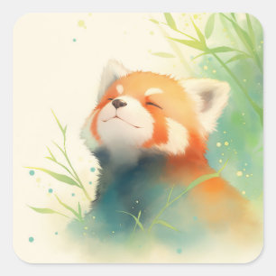 Smiling Red Panda Tilting Head in Green Bamboo Square Sticker
