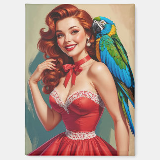 Smiling Redhead Pin-Up and Parrot Magnet
