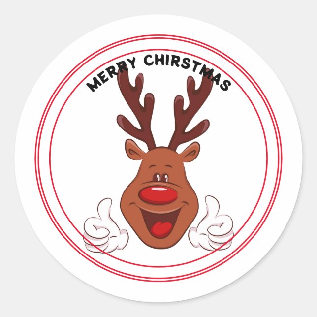 Smiling Reindeer Face Merry Christmas Classic Round Sticker (Front)