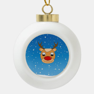 Smiling reindeer on blue ceramic ball christmas ornament