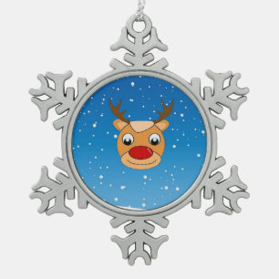 Smiling reindeer on blue snowflake pewter christmas ornament