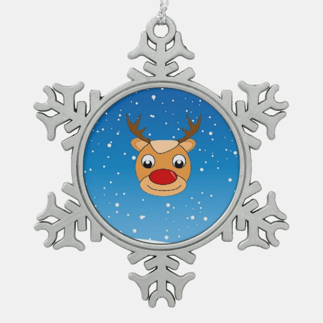 Smiling reindeer on blue snowflake pewter christmas ornament (Front)