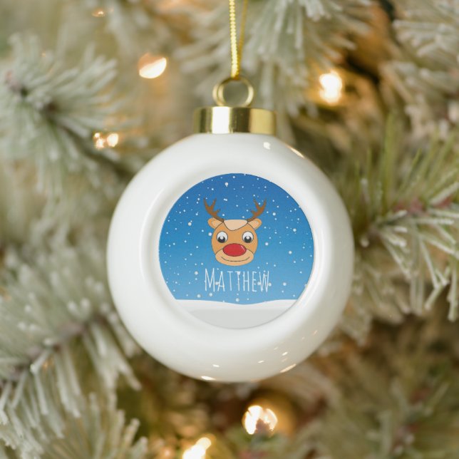 Smiling reindeer snowfall personalised blue ceramic ball christmas ornament (Tree)