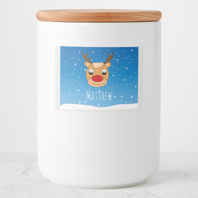 Smiling reindeer snowfall personalised blue food label (Front)