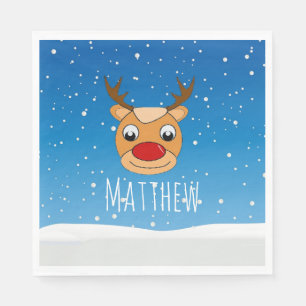 Smiling reindeer snowfall personalised blue napkin