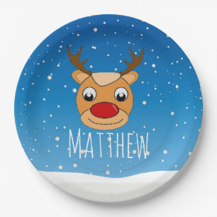 Smiling reindeer snowfall personalised blue paper plate