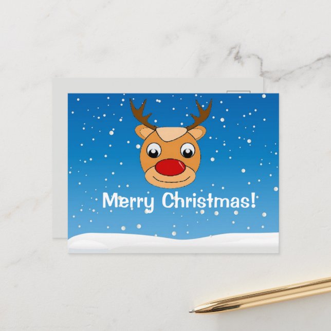 Smiling reindeer snowfall personalised blue postcard (Front/Back In Situ)