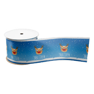 Smiling reindeer snowfall personalised blue satin ribbon