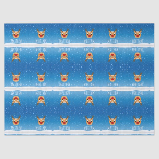 Smiling reindeer snowfall personalised blue tissue paper (Front)
