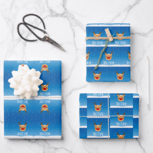 Smiling reindeer snowfall personalised blue wrapping paper sheet