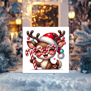 Smiling Reindeer with Santa Hat and Candy Cane Holiday Card