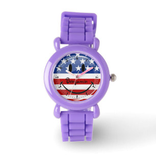 Smiling Round American Flag Watch