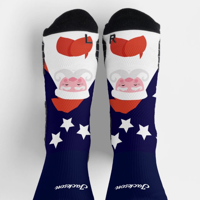 Smiling Santa and Stars on Blue Socks (Top)