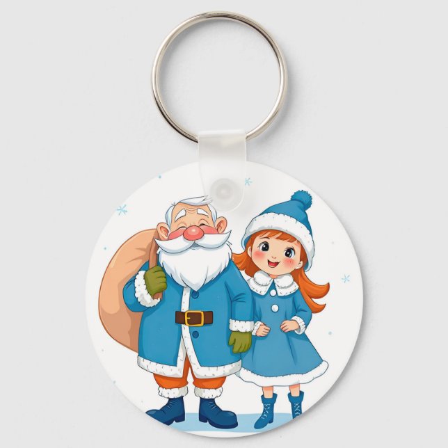 🎅 Smiling Santa Claus And Snow Maiden Festive Key Ring (Front)