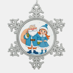 Smiling Santa Claus and snow maiden Snowflake Pewter Christmas Ornament