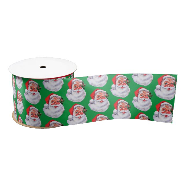Smiling Santa Claus Christmas Green Satin Ribbon (Spool)