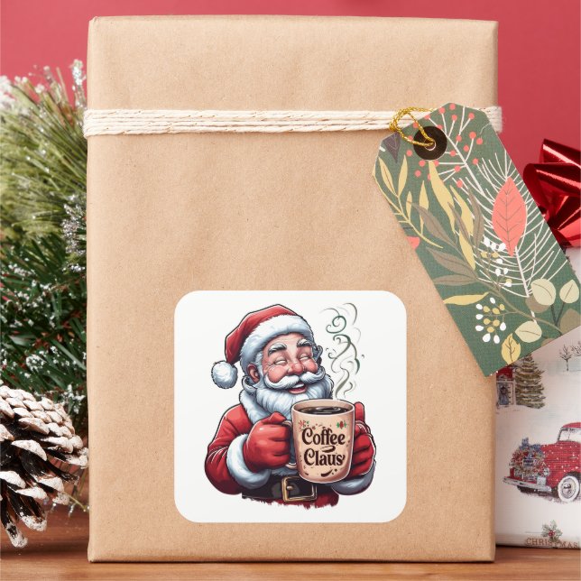 Smiling Santa Coffee Claus Steaming Mug Square Sticker (Holiday)