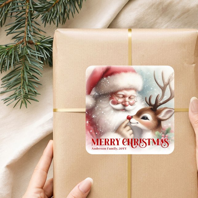 Smiling Santa Rudolph Personalized Holiday Kids  Square Sticker (Smiling Santa Rudolph Personalized Holiday Kids Sticker)
