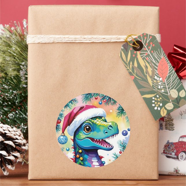 Smiling Santa T-Rex Christmas Classic Round Sticker (Holiday)