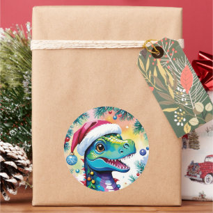 Smiling Santa T-Rex Christmas Classic Round Sticker