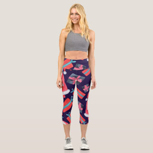Smiling Santa, Watercolor Christmas Seamless. Capri Leggings