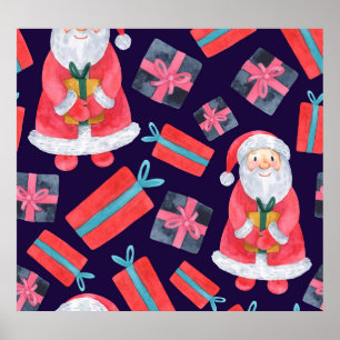 Smiling Santa, Watercolor Christmas Seamless. Poster
