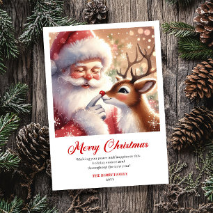 Smiling Santa With Rudolph Merry Christmas Greetin Holiday Card